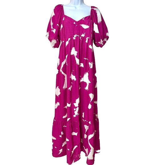 Nine West Pink Tiered Maxi Dress Medium Milkmaid Resort Boho Puff Sleeve Cottage - Picture 1 of 10